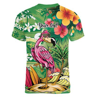 Hawaiian Flamingo Hibiscus Personalised Women V-Neck T-Shirt Green Summer Tropical Flowers - Polynesian Pride