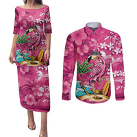 Hawaiian Flamingo Hibiscus Personalised Couples Matching Puletasi and Long Sleeve Button Shirt Pink Summer Tropical Flowers - Polynesian Pride