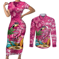 Hawaiian Flamingo Hibiscus Personalised Couples Matching Short Sleeve Bodycon Dress and Long Sleeve Button Shirt Pink Summer Tropical Flowers LT9 Pink - Polynesian Pride
