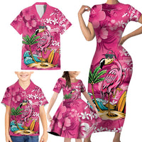 Hawaiian Flamingo Hibiscus Personalised Family Matching Short Sleeve Bodycon Dress and Hawaiian Shirt Pink Summer Tropical Flowers LT9 - Polynesian Pride