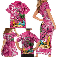 Hawaiian Flamingo Hibiscus Personalised Family Matching Short Sleeve Bodycon Dress and Hawaiian Shirt Pink Summer Tropical Flowers LT9 - Polynesian Pride