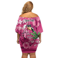 Hawaiian Flamingo Hibiscus Personalised Off Shoulder Short Dress Pink Summer Tropical Flowers - Polynesian Pride