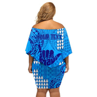 Personalised Strong Maui Off Shoulder Short Dress Good Living Hawaii with Shaka Sign Kakau Tribal Blue LT9 - Polynesian Pride