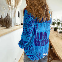 Personalised Strong Maui Women Casual Shirt Good Living Hawaii with Shaka Sign Kakau Tribal Blue LT9 - Polynesian Pride