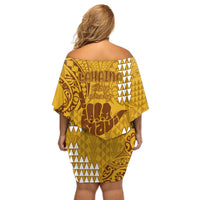 Strong Maui Off Shoulder Short Dress Good Living Hawaii with Shaka Sign Kakau Tribal Gold LT9 - Polynesian Pride