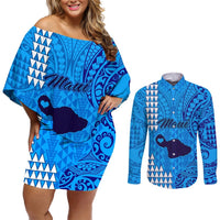 Maui Island Couples Matching Off Shoulder Short Dress and Long Sleeve Button Shirts Kakau Tribal Mixed Polynesian Pattern Blue LT9 Blue - Polynesian Pride