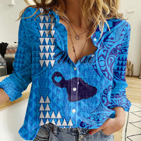 Personalised Maui Island Women Casual Shirt Kakau Tribal Mixed Polynesian Pattern Blue LT9 Female Blue - Polynesian Pride