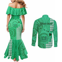 Personalised Maui Island Couples Matching Mermaid Dress and Long Sleeve Button Shirts Kakau Tribal Mixed Polynesian Pattern Green LT9 - Polynesian Pride