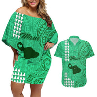 Personalised Maui Island Couples Matching Off Shoulder Short Dress and Hawaiian Shirt Kakau Tribal Mixed Polynesian Pattern Green LT9 Green - Polynesian Pride