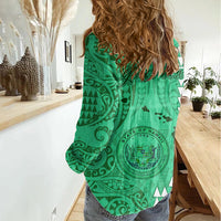 Personalised Maui Island Women Casual Shirt Kakau Tribal Mixed Polynesian Pattern Green LT9 - Polynesian Pride