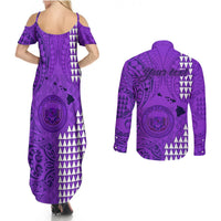Personalised Maui Island Couples Matching Summer Maxi Dress and Long Sleeve Button Shirts Kakau Tribal Mixed Polynesian Pattern Purple LT9 - Polynesian Pride