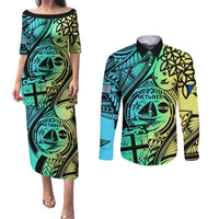 Malampa Fiji Day Couples Matching Puletasi Dress and Long Sleeve Button Shirts Vanuatu Sand Drawing With Polynesian Pattern LT9 Black - Polynesian Pride