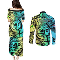 Malampa Fiji Day Couples Matching Puletasi Dress and Long Sleeve Button Shirts Vanuatu Sand Drawing With Polynesian Pattern LT9 - Polynesian Pride