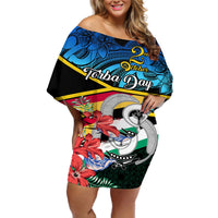 Torba Vanuatu Off Shoulder Short Dress Sand Drawing With Polynesian Pattern LT9 Women Black - Polynesian Pride