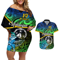 malampa-day-couples-matching-off-shoulder-short-dress-and-hawaiian-shirt-vanuatu-flowers-with-malampa-emblem-tribal-pattern