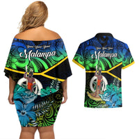 Malampa Day Couples Matching Off Shoulder Short Dress and Hawaiian Shirt Vanuatu Flowers with Malampa Emblem Tribal Pattern LT9 - Polynesian Pride