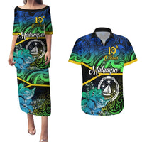 Malampa Day Couples Matching Puletasi Dress and Hawaiian Shirt Vanuatu Flowers with Malampa Emblem Tribal Pattern LT9 Black - Polynesian Pride