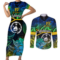 malampa-day-couples-matching-short-sleeve-bodycon-dress-and-long-sleeve-button-shirts-vanuatu-flowers-with-malampa-emblem-tribal-pattern
