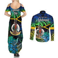 malampa-day-couples-matching-summer-maxi-dress-and-long-sleeve-button-shirts-vanuatu-flowers-with-malampa-emblem-tribal-pattern