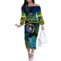 Malampa Day Family Matching Off Shoulder Long Sleeve Dress and Hawaiian Shirt Vanuatu Flowers with Malampa Emblem Tribal Pattern LT9 Mom's Dress Black - Polynesian Pride
