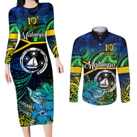 personalised-malampa-day-couples-matching-long-sleeve-bodycon-dress-and-long-sleeve-button-shirts-vanuatu-flowers-with-malampa-emblem-tribal-pattern