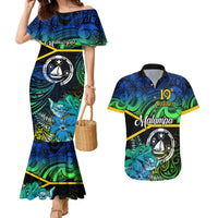 Personalised Malampa Day Couples Matching Mermaid Dress and Hawaiian Shirt Vanuatu Flowers with Malampa Emblem Tribal Pattern LT9 Black - Polynesian Pride