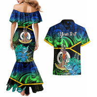Personalised Malampa Day Couples Matching Mermaid Dress and Hawaiian Shirt Vanuatu Flowers with Malampa Emblem Tribal Pattern LT9 - Polynesian Pride