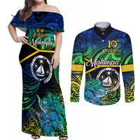 personalised-malampa-day-couples-matching-off-shoulder-maxi-dress-and-long-sleeve-button-shirts-vanuatu-flowers-with-malampa-emblem-tribal-pattern