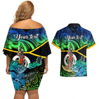 Personalised Malampa Day Couples Matching Off Shoulder Short Dress and Hawaiian Shirt Vanuatu Flowers with Malampa Emblem Tribal Pattern LT9 - Polynesian Pride