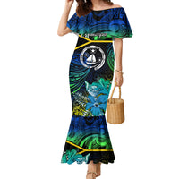 Personalised Malampa Day Family Matching Mermaid Dress and Hawaiian Shirt Vanuatu Flowers with Malampa Emblem Tribal Pattern LT9 Mom's Dress Black - Polynesian Pride