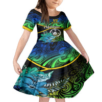 Personalised Malampa Day Family Matching Off Shoulder Short Dress and Hawaiian Shirt Vanuatu Flowers with Malampa Emblem Tribal Pattern LT9 Daughter's Dress Black - Polynesian Pride