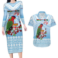 Melanesian Fiji Kula Bird Couples Matching Long Sleeve Bodycon Dress and Hawaiian Shirt with Tagimoucia Masi Tapa Pattern LT9 Blue - Polynesian Pride