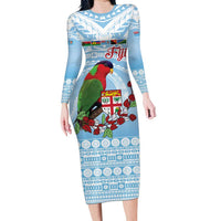 Melanesian Fiji Kula Bird Family Matching Long Sleeve Bodycon Dress and Hawaiian Shirt with Tagimoucia Masi Tapa Pattern LT9 Mom's Dress Blue - Polynesian Pride