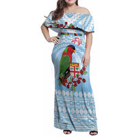Melanesian Fiji Kula Bird Family Matching Off Shoulder Maxi Dress and Hawaiian Shirt with Tagimoucia Masi Tapa Pattern LT9 Mom's Dress Blue - Polynesian Pride