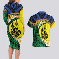 Melanesian New Caledonia Couples Matching Long Sleeve Bodycon Dress and Hawaiian Shirt Plumeria Kagu Bird and Nautilus Shell LT9 - Polynesian Pride