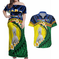Melanesian New Caledonia Couples Matching Off Shoulder Maxi Dress and Hawaiian Shirt Plumeria Kagu Bird and Nautilus Shell LT9 Blue - Polynesian Pride