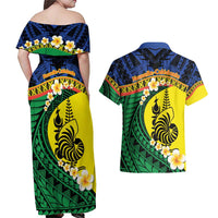 Melanesian New Caledonia Couples Matching Off Shoulder Maxi Dress and Hawaiian Shirt Plumeria Kagu Bird and Nautilus Shell LT9 - Polynesian Pride