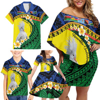 Melanesian New Caledonia Family Matching Off Shoulder Short Dress and Hawaiian Shirt Plumeria Kagu Bird and Nautilus Shell LT9 - Polynesian Pride