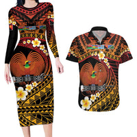 Melanesian Papua New Guinea Couples Matching Long Sleeve Bodycon Dress and Hawaiian Shirt Plumeria Bird of Paradise Tribal LT9 Red - Polynesian Pride