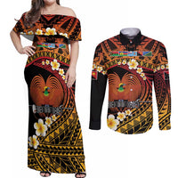 Melanesian Papua New Guinea Couples Matching Off Shoulder Maxi Dress and Long Sleeve Button Shirt Plumeria Bird of Paradise Tribal LT9 Red - Polynesian Pride