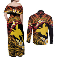 Melanesian Papua New Guinea Couples Matching Off Shoulder Maxi Dress and Long Sleeve Button Shirt Plumeria Bird of Paradise Tribal LT9 - Polynesian Pride