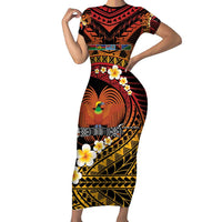 Melanesian Papua New Guinea Short Sleeve Bodycon Dress Plumeria Bird of Paradise Tribal LT9 Long Dress Red - Polynesian Pride