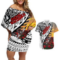 Personalised New Zealand Waitangi and ANZAC day Couples Matching Off Shoulder Short Dress and Hawaiian Shirt LT9 White - Polynesian Pride