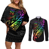 Personalised New Zealand Wellington Pride Couples Matching Off Shoulder Short Dress and Long Sleeve Button Shirt Maori Fern with Pride Flag 2024 LT9 Black - Polynesian Pride