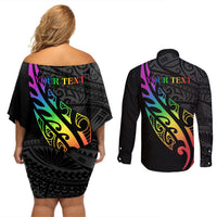 Personalised New Zealand Wellington Pride Couples Matching Off Shoulder Short Dress and Long Sleeve Button Shirt Maori Fern with Pride Flag 2024 LT9 - Polynesian Pride
