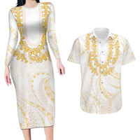 Aloha Lei Onaona Couples Matching Long Sleeve Bodycon Dress and Hawaiian Shirt Beige Hawaiian Tribal Pattern