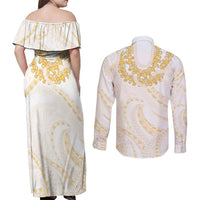 Aloha Lei Onaona Couples Matching Off Shoulder Maxi Dress and Long Sleeve Button Shirt Beige Hawaiian Tribal Pattern