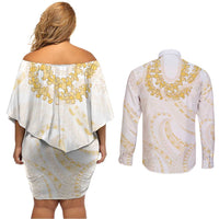 Aloha Lei Onaona Couples Matching Off Shoulder Short Dress and Long Sleeve Button Shirt Beige Hawaiian Tribal Pattern