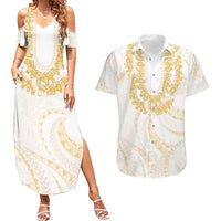 Aloha Lei Onaona Couples Matching Summer Maxi Dress and Hawaiian Shirt Beige Hawaiian Tribal Pattern