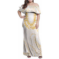Aloha Lei Onaona Family Matching Off Shoulder Maxi Dress and Hawaiian Shirt Beige Hawaiian Tribal Pattern LT9 Mom's Dress Beige - Polynesian Pride